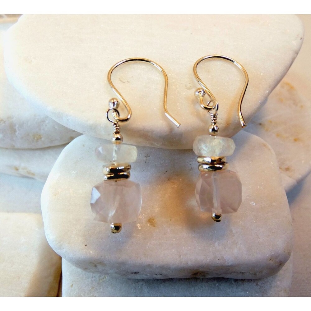 Natural Rose Quartz Rainbow Moonstone Karen Hill Tribe Fine Silver Earrings OOAK